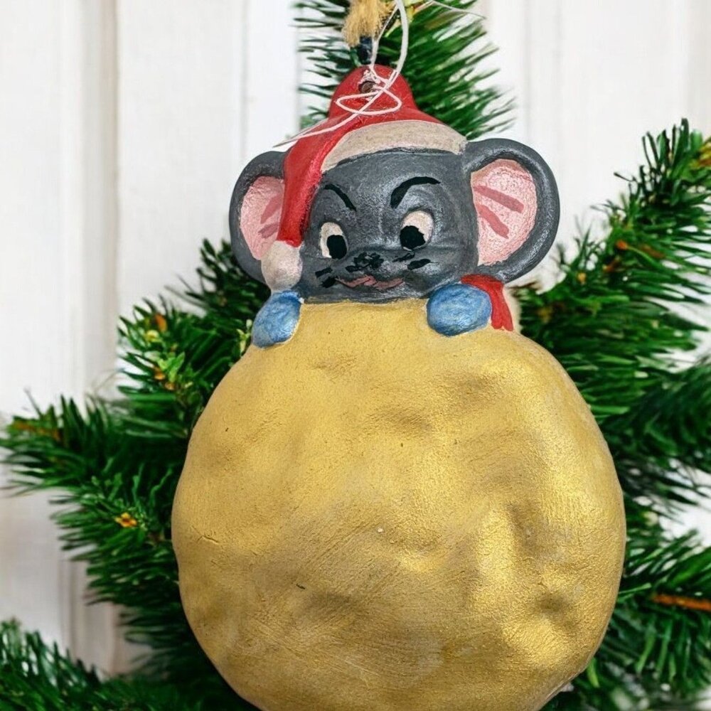 Vintage Christmas Mouse Ornament Peeking Out from Behind Toy Bag Hand Painted